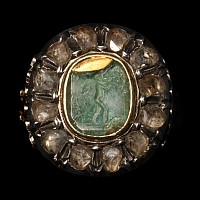 Diamond Locket Ring Set with Emerald Intaglio of Amor, God of Love, Playing Diaulos
