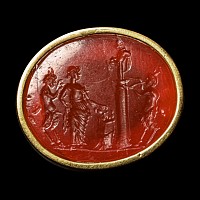 Post Medieval Gemstone Depicting an Offering to Priapus in Gold Ring