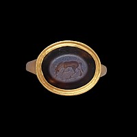 Roman Nicolo Gemstone of a Grazing Horse in Gold Ring