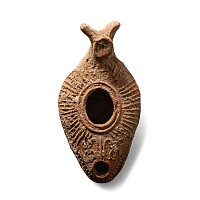 Late Roman Terracotta Slipper Oil Lamp with Animal Head Handle