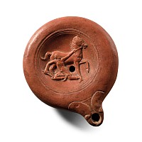 Large Roman Terracotta Oil Lamp with 'Fallen Amazon' and Horse