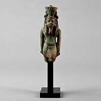 Large Egyptian Green Faience Figure of Nefertum with Figure of Sekhmet to the Reverse