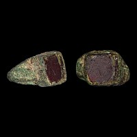 Late Roman Bronze Ring with Flatbed Garnet Gemstone