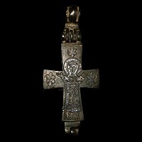 Large Byzantine Bronze Reliquary Cross Pendant with Christ