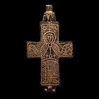 Large Byzantine Bronze Reliquary Cross Pendant with Christ
