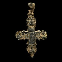 Large Byzantine Bronze Reliquary Cross Pendant with Christ and Saints