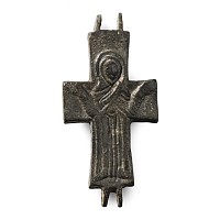 Large Byzantine Bronze Reliquary Cross Pendant Plate with Saint