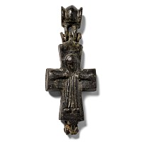 Byzantine Bronze Reliquary Cross Pendant with Saints