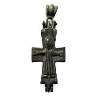 Byzantine Bronze Reliquary Cross Pendant with Saints