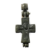Byzantine Bronze Reliquary Cross Pendant with Saints
