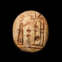 Neo-Babylonian Burnt Stone Stamp Seal with Cultic Scene