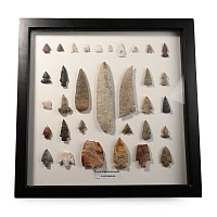 Framed North American Stone Age Knapped Arrowhead and Tool Collection