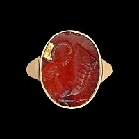 Parthian Carnelian Gemstone of a Goat-Headed Rhyton in Gold Ring