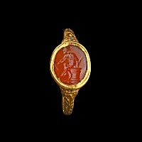 Renaissance Gold Ring with Carnelian Gemstone of a Resting Hero