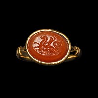 Renaissance Agate Gemstone with Eros Riding a Hippocampus in Gold Ring