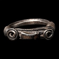 Central Balkans Silver Ring with Spiralled Terminals and Axe Motif Ornament
