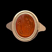 Roman Carnelian Gemstone with Eros Before an Altar in Gold Ring