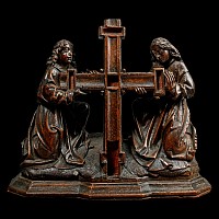 Medieval Carved Wooden Panel with Kneeling Angels Supporting the Cross