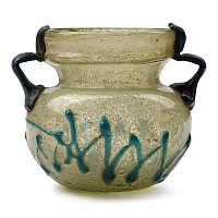 Roman Green Glass Jar with Blue Handles and Zig-Zag Trail