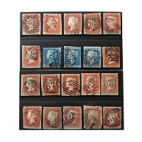 Victorian Penny Red and Two Penny Blue Group, Five with Black Maltese Crosses