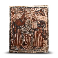 Spanish Medieval Socarrat Wall Tile Showing Saints Cosmas and Damian