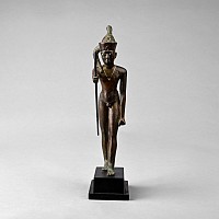 Large Egyptian Bronze Statue of the God Ihy with Gold Necklace and Silver Inlaid Eyes