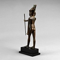 Large Egyptian Bronze Statue of the God Ihy with Gold Necklace and Silver Inlaid Eyes