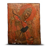 Macedonian Painted Wooden Triptych Panel with Saint Mercury