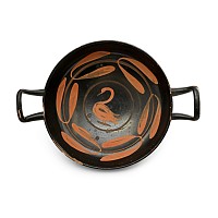 Greek Black-Glazed Twin-Handled Stemless Kylix with Swan