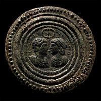 Roman Bronze Marriage Mirror with Facing Busts with Inscription