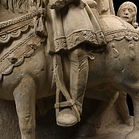 Large Medieval Carved Limestone of St Martin on Horseback with Cloak and Beggar