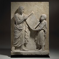 Large Marble Relief with Roman-Era Scene of a Boy Presenting a Scroll