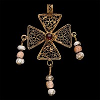 Byzantine Filigree Gold Cross Pendant with Bead Drops