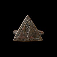 Large Byzantine Bronze Ring with Triangular Bezel with Flaming Torch and Incription