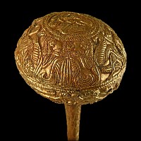 Large Greek Gold Repoussé Dress Pin with Figural Scenes