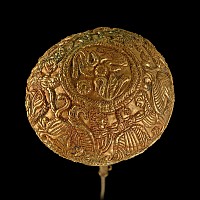 Large Greek Gold Repoussé Dress Pin with Figural Scenes