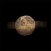 Very Large Medieval Bronze Glove Ring with Inscription to Hoop and Bezel