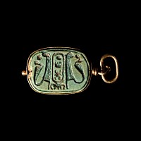 Egyptian Blue Faience Scarab with Cartouche in Gold Loop