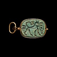 Egyptian Blue Faience Scarab with Cartouche in Gold Loop