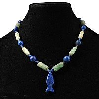 Lapis Lazuli and Green Glass Bead Necklace String with Fish Pendant