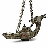 Byzantine Bronze Oil Lamp with Chain and Chi Rho