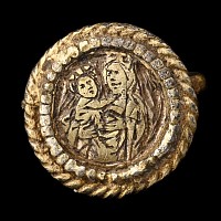 Medieval Silver-Gilt Hat Pin with Mary and Child