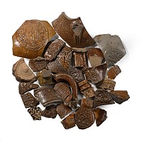 Glazed Bellarmine Pottery Fragment Collection Including Faces