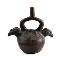 Pre-Columbian Black Ware Stirrup Vessel with Birds Heads