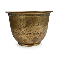 Antique Brass Bowl with Dragon and Peacock