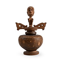 African Carved Wooden Medicine Vessel with Seated Figure Lid