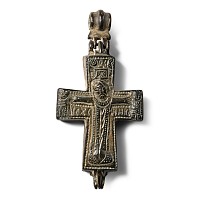 Large Byzantine Bronze Reliquary Cross Pendant