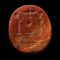 Neo-Babylonian Red Agate Stamp Seal with Worshipping Scene and Hebrew Name