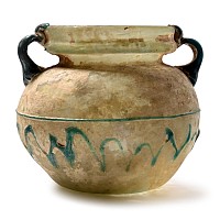 Large Roman Green Glass Vessel with Applied Blue Handles and Green Zig-Zag Trail