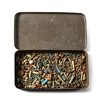 Egyptian Assorted Faience and Other Beads in Early 20th Century Tin Box